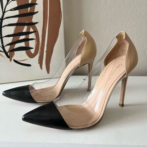 Gianvito Rossi Plexi 105‎ Black Nude Leather Stiletto Heel PVC Pumps Size 36.5